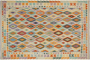 Flat Weave Kilim, Antique, Navaho, Vintage, Handmade, Geometric Kilim Beige Rust Hand-Woven Rectangle 100% Wool Area Rug 8 x 10